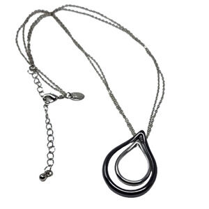 Lia Sophia Double Chain Necklace w/ Tear Drop Pendant - Black and Silver 16-19"